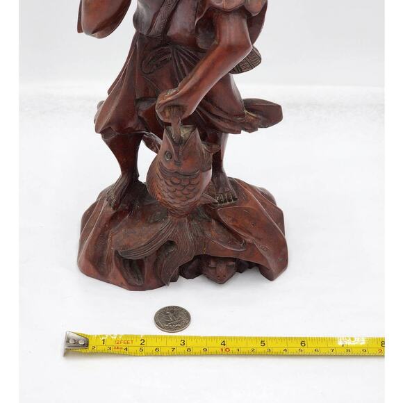 Vintage Asian Chinese Fisherman Hand Carved Wooden Sculpture Sage Elder Fish 12" - Picture 5 of 16